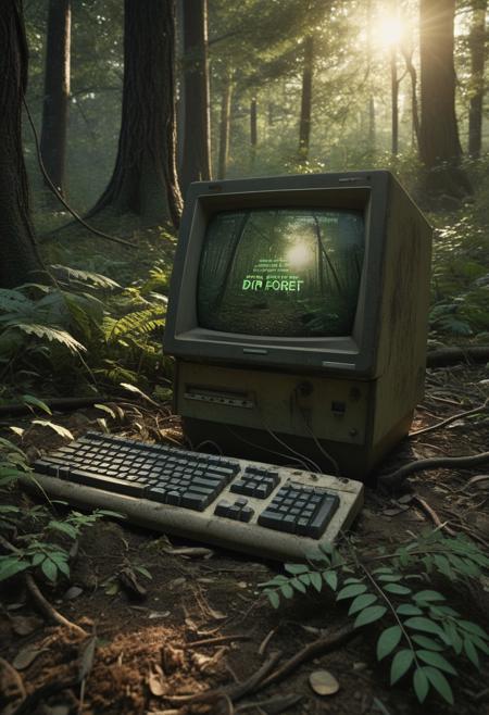 Abandoned computer (vintage style:1.3), nestled in overgrown forest floor, surrounded by foliage, withered branches, and patches of dirt (detailed dirt texture:1.2).  Computer screen displays green text (code:1.2),  vintage monitor, dusty keyboard.  Natural lighting, golden hour sunset, casting warm light on the scene (soft light:1.2).  Forest floor in foreground, with various shades of brown and green foliage,  low-lying vegetation.  Environmental details include dirt, leaf litter, and shadows from the trees.   Camera angle is slightly low, looking up at the computer,  perspective is close-up, focusing on the machine's intricate details.  Photorealistic style, high-detail rendering (detailed textures:1.2), close-up view,  muted color palette.  Dark, moody atmosphere.  Vintage computer, environmental storytelling.  Deep forest,  sunrise or sunset.