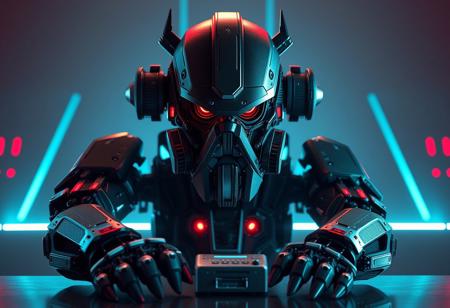 Design a highly detailed,, dreamwave-style photo of an epic, grizzled robot with a powerful chin, sitting on a table in Optimus Sun orientation. The robot should have affinity details, some red accents, and a menacing yet beautiful presence, evoking the concept of the 'God of Music'. The image should be produced in Unreal Engine with an 8K, high-quality, product-like finish, adhering to the golden ratio and featuring lifelike details. Output the result as a gigapixel, 3.2-megapixel, micro-detailed portrait, incorporating a portcullis element and a bold, artstation-worthy aesthetic.