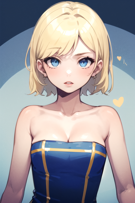 SisterSweden, 1girl, solo, short hair, blue eyes, blonde hair, medium breasts, blue dress, cleavage, bare shoulders, lips, strapless, short dress, sleeveless 