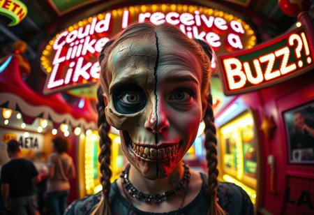 “A whimsical and surreal portrait of a girl with a distorted, comical face, featuring one eye larger than the other, vibrant face paint, and two playful braids in her hair. Half of her face is a real, rotten skull, with detailed, decayed bone structure, exposing cracked and aged bones, and the skull appears lifelike yet worn with time. The other half is covered in exaggerated, colorful face paint. The skull gives off a gritty, almost macabre vibe, blending with the lively and hype atmosphere of the carnival. Captured using a 12mm fisheye cinematic prime lens for an exaggerated perspective. The setting is a lively carnival with neon lights, whimsical decorations, and a dreamy yet unsettling atmosphere. A rotten, old light banner in the background displays the text: ‘Could I receive a Like or Buzz?’ in flickering, uneven letters. The colors and contrasts are enhanced for a surreal effect, combining playful and eerie styles, with a mix of humor and dark visual artistry.”