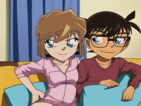 <conanAndhaibara>, 1girl, 1boy, brown hair, blue eyes, shirt, glasses, red shirt, smile, short hair, pillow, couch, female child, collarbone, bangs