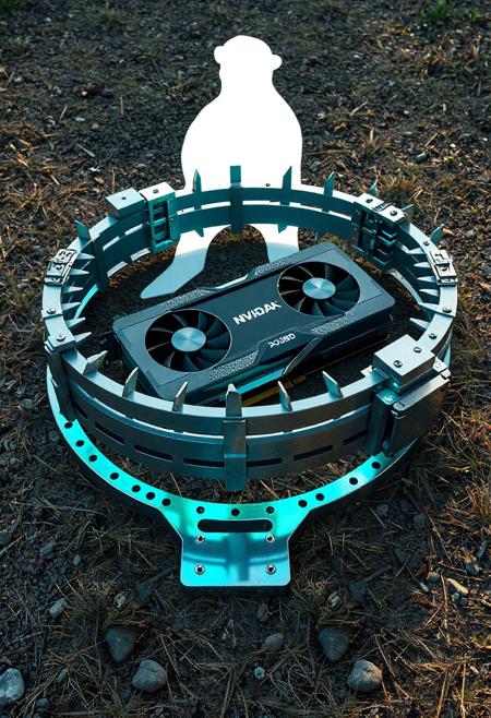 JNANX,luminous white silhouette,cyan glow,emerald highlights,flickering outline,dreamlike movement,
"A visually striking digital artwork depicting a high-end NVIDIA RTX 4080 graphics card caught firmly within the jaws of a large, metallic bear trap. The trap is realistically rendered, showcasing its sharp, interlocking teeth and the sturdy metal base and levers. The graphics card, positioned centrally within the trap, displays its sleek design, including visible fans and branding details such as 'RTX 3080'. The scene is set outdoors on a textured ground that resembles dry grass and scattered pebbles, suggesting a natural environment juxtaposed with the manufactured object and trapping device. The lighting in the image is natural and casts subtle shadows, highlighting the three-dimensional form of both the trap and the graphics card. The overall mood of the artwork is one of irony and perhaps a commentary on the difficulty or 'trap-like' nature of acquiring such coveted hardware. The perspective is a slightly elevated angle, allowing for a clear view of the entire composition, emphasizing the vulnerability of the technology within the harsh mechanical grip of the trap. The color palette is predominantly muted grays and blacks for the trap and the surrounding ground, contrasting slightly with the silver and black of the graphics card.