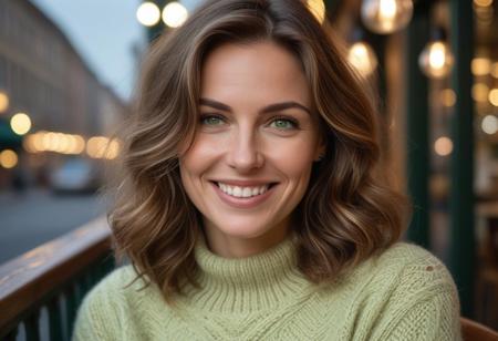 *A meticulously detailed, hyper-realistic portrait of Olivia, 35 years old, slender oval face,with softly contoured features, straight narrow nose with a gentle slopewith sun-kissed skin, bright green eyes, and a radiant smile. Her wavy, short-length light brown hair is casually tousled, framing her naturally beautiful face. Extremely natural skin texture, subtle wrinkles, subtle laugh lines. Her skin is natural, with subtle imperfections that enhance realism and a warm, genuine smile that reveals slightly perfect teeth.*     
The background is a cozy urban café with warm string lights and a blurred cityscape at dusk. Shot with a Hasselblad H6D-100c medium-format camera, using a tight crop and shallow depth of field (f/2.8) to emphasize the fine details of her woolen sweater and natural skin texture. The lighting is warm and diffused, casting a golden glow reminiscent of a Thomas Kinkade painting.*