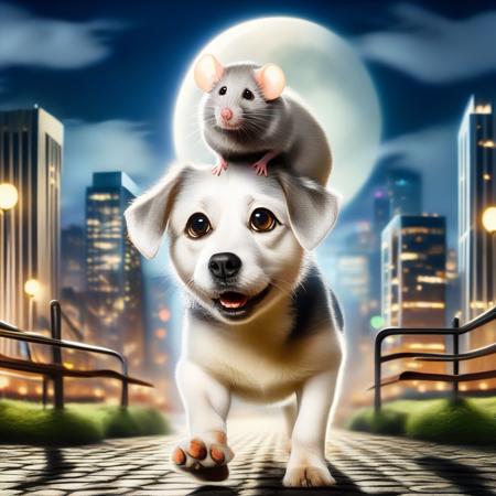 doggybackride, dog, mouse, dog walking, day time, full moon, city