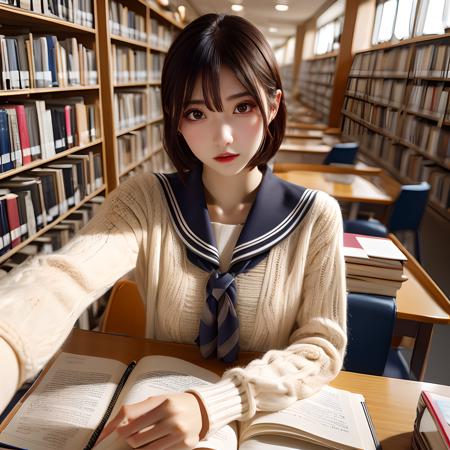 best quality,  ultra detailed 8k cg render,  masterpiece,  high resolution,  extremely detailed,  natural lighting, 
1 girl,  A female student takes a selfie in the library,<lora:EMS-12225-EMS:-0.400000>,<lora:EMS-257474-EMS:0.800000>