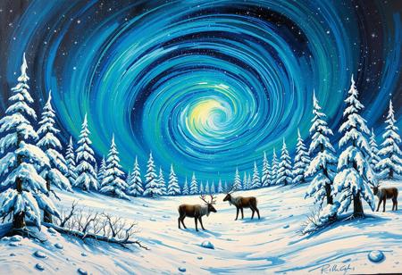 Vincent's Winter Wonderland: A swirling vortex of celestial blues and greens envelops a snow-dusted forest, as reindeer graze serenely amidst frozen tree limbs and icy glades. The aurora borealis' vibrant hues dance across the canvas, casting an ethereal glow on frosted branches and frost-rimmed trees. Brushstrokes bold and expressive, textures rich and tactile, capturing winter's peaceful majesty under starry skies.