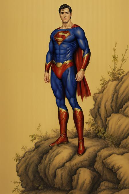 painting,langshining style,best quaility,masterpiece，traditional media,((low contrast)),yellow background
portrait of superman in the wild