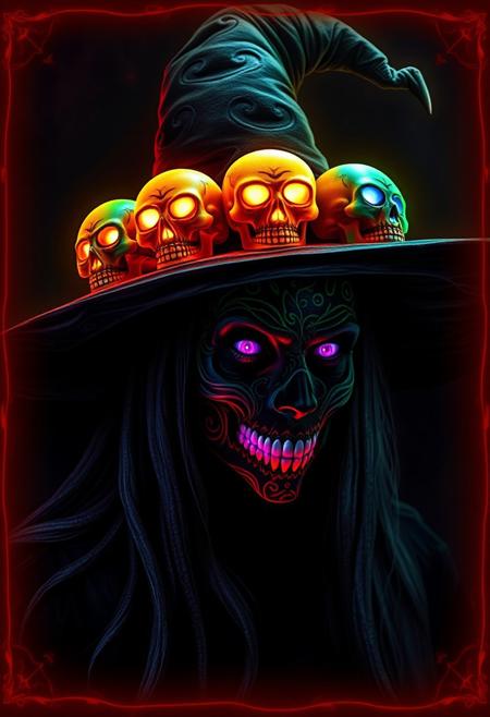 A hyper-realistic, intricately detailed image of a witch wearing a traditional, pointy hat adorned with a row of glowing, Halloween skulls, each with a different colored, painted face: red, green, blue, and purple. The skulls seem to leer and grimace, their glowing faces casting an eerie, otherworldly glow. The witch's face is painted with glow-in-the-dark, swirling patterns that seem to shift and writhe in the dark, adding to the overall sense of mysticism and menace. The hat itself is a deep, rich black, with intricate, swirling patterns that seem to dance in the light. The surrounding environment is a deep, inky black, punctuated only by the glowing, ethereal border that surrounds the image, casting an eerie, mystical glow over the entire scene. highest-Quality, intricate details, visually stunning, Masterpiece