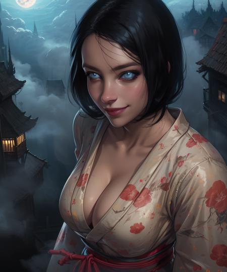 Orin,blue eyes,black hair,
floral print,kimono,smile,
standing,upper body,cleavage,from above,
night,village,fog,horror \(theme\),
(insanely detailed, beautiful detailed face,beautiful detailed eyes, masterpiece, best quality),<lora:Orin:0.8>,