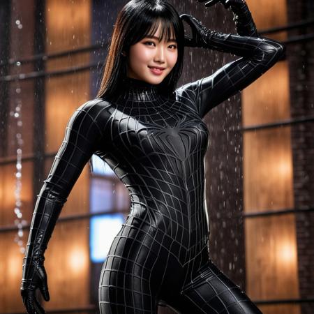 score_9, score_8_up, score_7_up, best quality, realistic, masterpiece, beautiful detail, hyperrealistic, ((1girl, woman body, large breast)), amazing detailed full body of a cute korean girl, cute face, wearing a realistic and highly detailed black raimi spider-man suit, ((defined muscular girl)), professional model wears ultra - detailed black raimi spider - man suit, ultra - detailed and grained black raimi spiderman suit, suit covered entire body and hand, black spiderman gloves, wet, (black hair, attraction, light smile), dancing on a stage, octane render, highly detailed, volumetric, dramatic lighting, (highest quality:1.1), (HDR:1.3), (top quality, best quality), realistic, high definition,