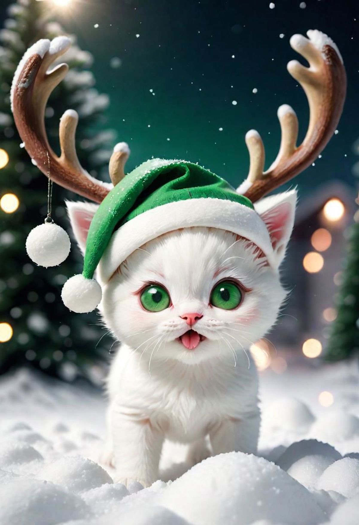 A white kitten wearing a green and white Santa hat and antlers.