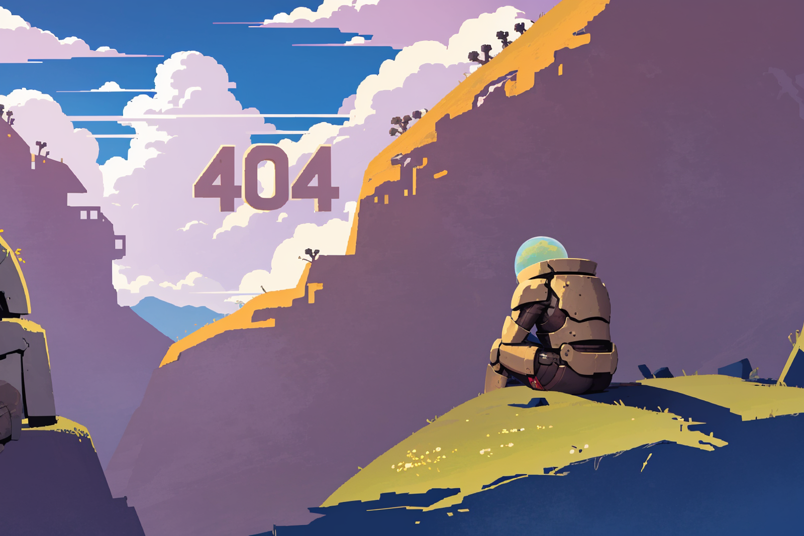 A robot with a backpack on a mountain top, with the words "404" in the background.