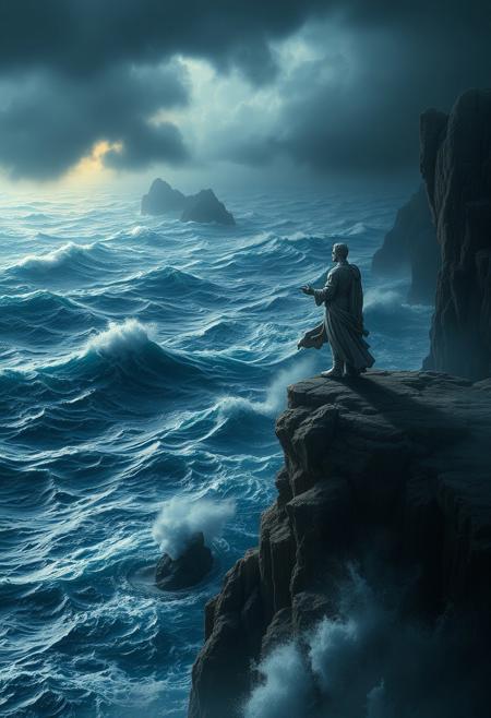 A stormy seascape with dramatic waves crashing, while a sculptural, classically posed figure stands on the cliffs, looking out over the tumultuous horizon.,  intricate textures, shadow and light, delicate balance between beauty and darkness, high budget Hollywood film, floating islands, shimmering light, intricate details, mythical creatures, sense of mystery, symbolic juxtaposition