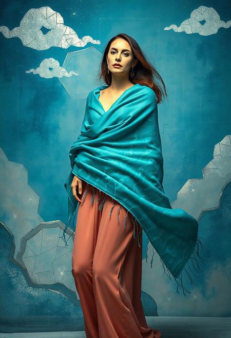 Full-body contemporary abstract photograph of a elegant woman wearing a flowing turquoise cashmere shawl with delicate turquoise flame patterns, standing in a semi-surreal environment blending organic shapes and architectural elements. The background features dreamlike washes of ultramarine and silver, with subtle floating geometric motifs inspired by Ukiyo-e clouds. Lighting combines soft studio strobes with atmospheric glow, creating dimensional shadows that interact with the shawl's folds. Composition balances realistic human proportions with slightly exaggerated fabric movement, evoking a living oil painting. Texture details: fine wool fibers visible, slight film grain. Style fusion: Richard Avedon's fashion realism + Egon Schiele's expressive lines + niji's color vibrancy (but photorealistic).