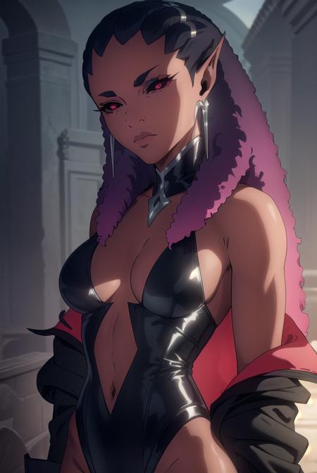 castlevaniadrolta, black hair, (red eyes:1.5), pointy ears, dark skin, dark-skinned female, colored sclera, black sclera, purple hair, gradient hair, two-tone hair, cleavage, jewelry, earrings, off shoulder, leotard, black leotard, pants, black pants,