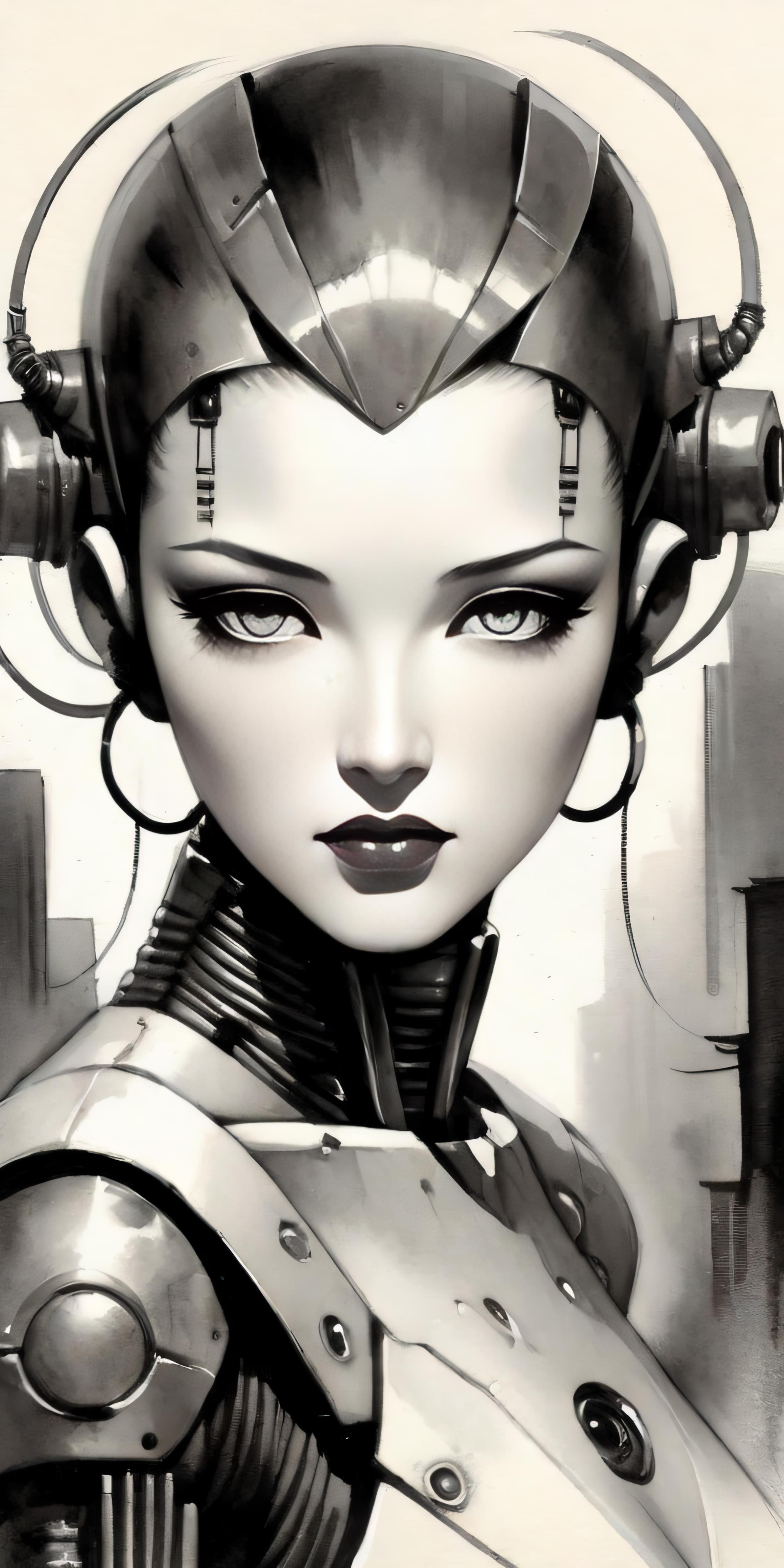A digital drawing of a robot woman with blue eyes, wearing earrings and a lipstick smirk.