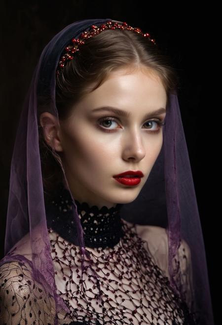 A professional (fashion photo photography:1.2),a  (studio portrait:1.2),showing (surrealistic style:1.1),(black purple gradient background:1.2),(exaggerated character movements:1.5),against glass,(masterpiece, best quality:1.4), perfect body,  long hair, brown hair, brown eyes, parted lips, , detailed skin,model photoshoot, long bob-cut hair, shiny oiled skin, pale skin,  pale white skin, shiny oiled skin, pale skin, realistic eye and face details), hyperrealism, very slim,  4k HDRvaporwave style Ultra High Resolution, wallpaper, 8K,Rich texture details, hyper detailed, detailed eyes, detailed background, dramatic angle,Ultra High Resolution, wallpaper, 8K,Rich texture details, hyper detailed, detailed eyes, detailed background, wearing translucent veils, elegant profile pose, dark photography, dramatic lighting, black background, deep shadows, chiaroscuro, (old russian folk light dress red ornaments:1.1) slim elegant russian girl folk hairstyle halo above head (icon style:1.2) choker, make-up photography by (Ethel Warwick:1.3), modelshoot, pose, , (Ethel Warwick: 1,2) award winning photo macro shot  dramatic lighting,philosophical dimensions,NIKON Z9,35mm,f/1.2,RAW format,stark composition.,(muted tones:1.2),award winning photo,(dream-like quality:1.2),