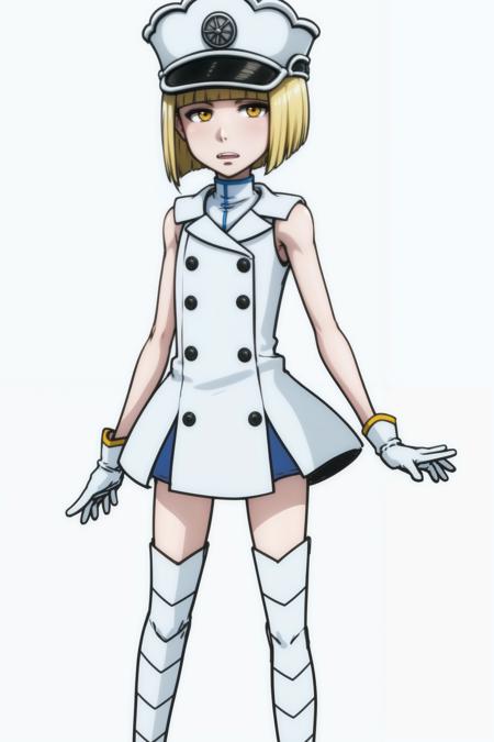 <lora:Liltotto:1>, <lora:adjatha:0.5>,solo, blonde hair, military hat, white gloves, thigh boots, yellow eyes, 1girl, short hair, white background, sleeveless dress, simple background, boots, full body, zettai ryouiki, standing, white footwear, looking at viewer, bare shoulders, parted lips, uniform, white headwear, white dress, short dress,  buttons, bare arms, white legwear, undershirt, striped, bob cut, yellow eyes, clenched hand, flat chest, , blunt bangs, open mouth, teeth, arms at sides,