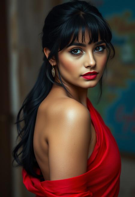 Shot using: Sony a7R IV, 35mm f/1.4 Zeiss Distagon lens, Fujicolor Pro 400H film, girl, punjabi, kajal choudhary,, looking at viewer, red dupata, ponytail, bangs, black hair, bangs large breasts, slim, puffy nipples. , pinup pose, portrait, cinematic hdr dof tilt shift bokeh