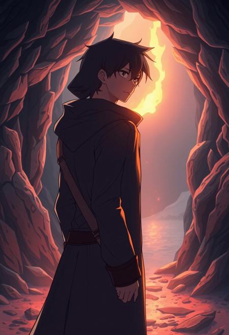 an anime sene of a mastiruse personne side eyes looking to view in cave fire in back wearing a long suit hooding ,