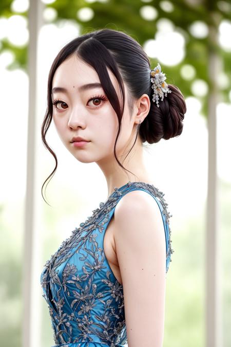 portrait photo of Yu-jinNobodySD15 beautiful woman evening dress upsweep updo depth of field bokeh bright morning light (masterpiece) (best quality) (detailed) (8k) (HDR) (wallpaper) (cinematic lighting) (sharp focus) (intricate)