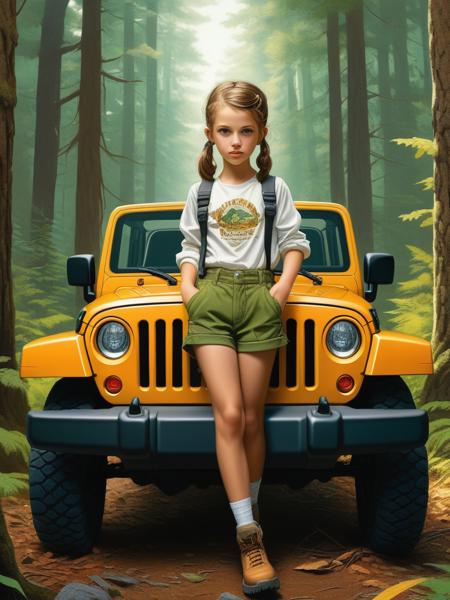 <lora:04Vintageillustration_Hap_XL:1>,Norman Rockwell style,vintage poster, Chibi girl clothes cyberpunk gold ,short pants beautiful face , green eyes , jeep wrangler in the forest Greg Rutkoski, yacek yerka ï¼