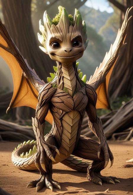 A majestic dragon, Groot's scales glisten in the warm sunlight as it crouches low to the ground, its powerful legs and sharp claws grasping the earth on all fours. Its magnificent wings, strong and unfurled, stretch out from its back like a pair of mighty sails. The long, sinuous tail thrashes lazily behind it, as if sensing the air for hidden treasures. In this fantasy realm, Groot's dragon form reigns supreme