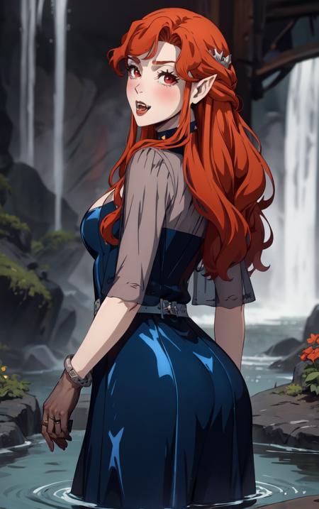 ((masterpiece, best quality)), insaneres, absurdres, solo, looking at viewer, 
BlueDress_Lenore_ownwaifu, 
1girl, long hair, red eyes, blush, pointy ears, lips, breasts,  red hair, hair ornament, braid, fangs, makeup, lipstick, black lips, vampire, very long hair, wavy hair, colored skin, blunt bangs,
cleavage, dress, jewelry, gloves, blue dress, see-through, grey gloves, see-through sleeves, ring,  long dress,  belt, choker, bracelet, 
(wading, ass support), waterfall, <lora:CARTOON_Castlevania_Lenore_ownwaifu:0.75>,
 depth of field, vanishing point, garden, sidelighting,