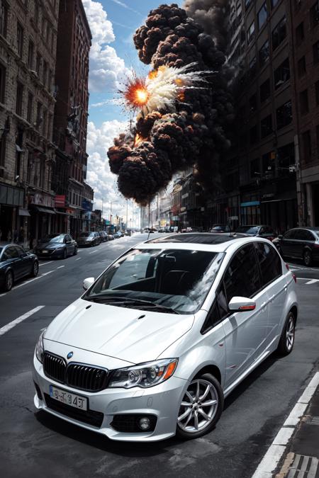 Weird Cars Concept,  a bubble style small red and white car is on display,  in the middle of an exploding building, <lora:EMS-58767-EMS:0.500000>