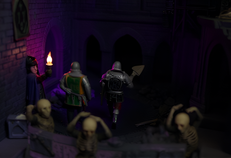 miniature diorama scene, a group of knights moving through a dark dungeon. One of the knights is holding a torch, partially lighting the scene. There are skeletons and rubble scattered around. The lighting is dark and purple, except for the orange light of the torch.