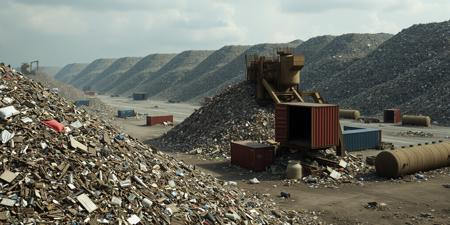 an abandoned garabage dump, large piles of trash and refuse can be seen extending as far as the eye can see, the scene is a photo realistic, large pieces of industrial machinery and shipping containers and industrial liquid storage vats can be seen amongst the mounds. The style is post apocalyptic