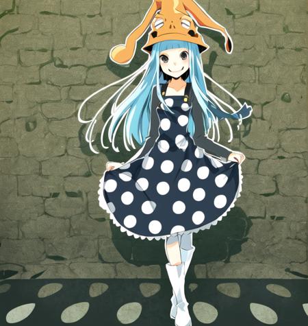 masterpiece, high quality, extremely detailed,  <lora:eruka:1>, eruka frog (soul eaters), 1girl, solo, long hair, smile, bangs, hat, dress, blue hair, pantyhose, boots, blunt bangs, polka dot, polka dot dress,  death city,