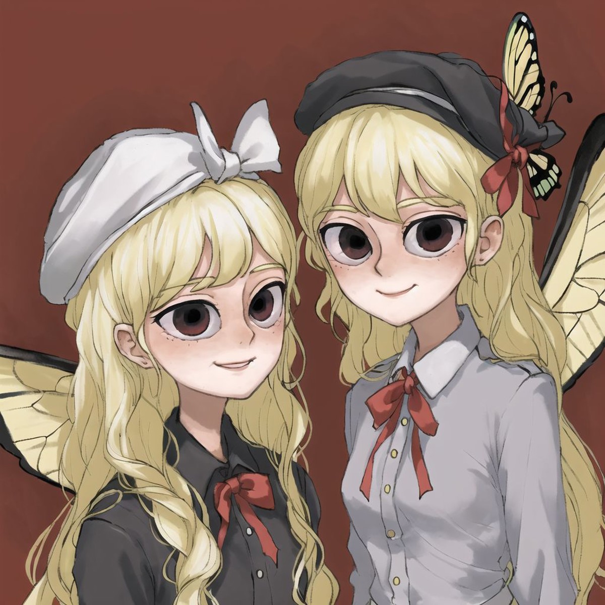 <lora:riffleman1130_v2:1.0>, (riffleman:1.0), drawing,2girls, ahoge, angel wings, blonde hair, butterfly, hat, hat ribbon,...
