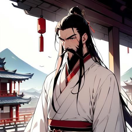 best quality,masterpiece,(1male,elder),very long hair,very long beard,hanfu,ffgufengdamoff,closed mouth,outdoor,east asian architecture,upper body,(blurry background:0.4),