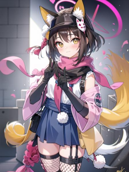 masterpiece,highres, <lora:izuna:1>,animal_ears, tail, 1girl, fishnet_legwear, fishnets, scarf, ninja, animal_ears, pink_scarf, japanese_clothes,mask, black_hair,halo