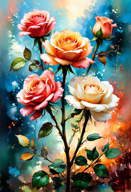 A roses in a bloom red pink yellow green brown and white. sharp corrected colors, hi contrast, bold colors sharp focus
BLUE, VIRIDIAN, ORANGE, RED 
painting by Anna Razumovskaya, by Luis Royo, by Thomas kinkade
