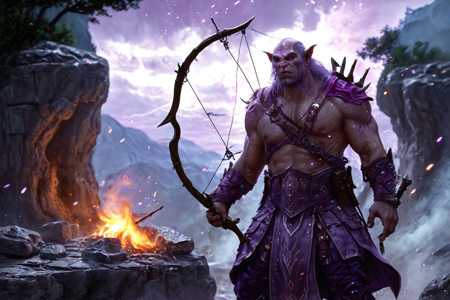 bioluminescent, an orc archer with green skin, wearing a leather tunic, aiming a longbow, solo, from the Stonecrusher Clan, with stone armor and gray war paint, an orc mountain cave with stalactites, fire pits, bone decorations, detailed background, aiming a longbow, targeting an enemy, curious, eyes wide, environment focus, wide shot, a beast taming ritual with orcs taming worgs, whips cracking, crowds watching, a rope trap, set on the ground, on a stone path, rough texture, windy, gusts blowing, leaves swirling, clouds racing, twilight, soft purple hues, stars emerging, cool air, best quality, vibrant colors, realistic style, high detail, high-definition, hyper-realistic, extremely high-resolution details, fine texture, incredibly lifelike, realistic, not cartoon, not drawing, highres, 4K resolution, source photo, realistic photo, masterpiece, best quality, amazing quality, very aesthetic, ultra-detailed, detailed textures, natural lighting, soft light, forest green tones, deep greens and browns, soft light, medium shot, <lora:Mystic_Lumina_r1-000007:0.9>