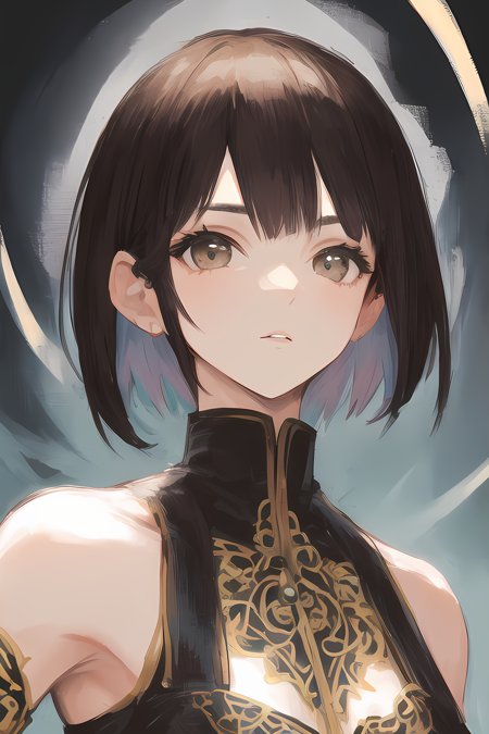 solo, (mature) 1girl, lips parted, short hair (bangs), ornate garment (lace), upper body, ((masterpiece))