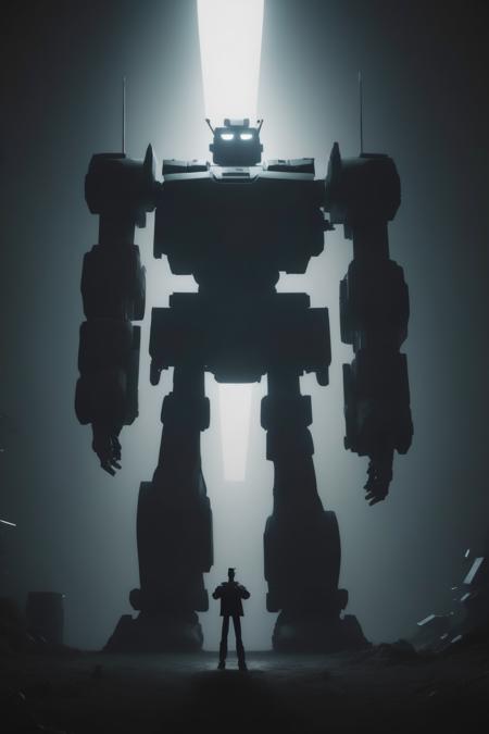 <lora:Moving Meditations:1>Moving Meditations - a man standing in front of a giant robot in a dark room