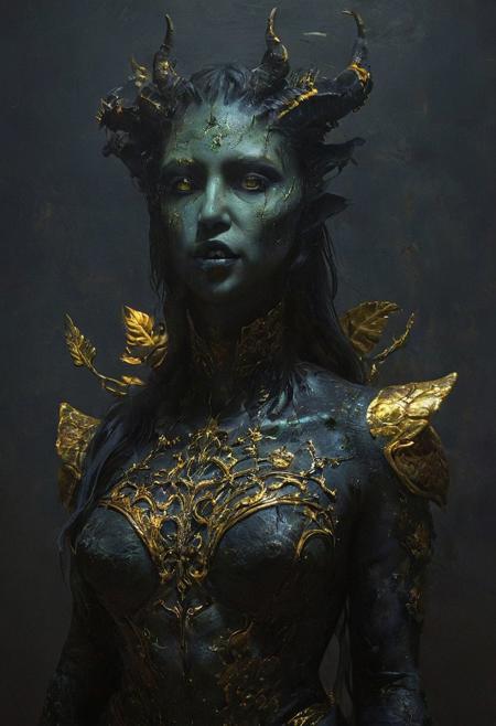 Female demon, Judge of the Damned, dark canvas shaman clothes with gold plating, tattoos, 
full body portrait with insects and flowers on hair and neck, snakes and worms, tormented pain spiraling into an endless abyss, highly detailed face, vivid colors, 
scary, mysterious, aura of necromancy, horror, fractal art, dark art, 
Street Art by Yosuke Ueno and Arkhyp Kuindzhi and Josef Albers, painting, Mundane painting, social realism, neo-realism, 
Impromptu dissection was performed under less-than-optimal lighting conditions, 
highly detailed, trending on artstation, sharp focus, intricate details, epic scene, cinematic lighting