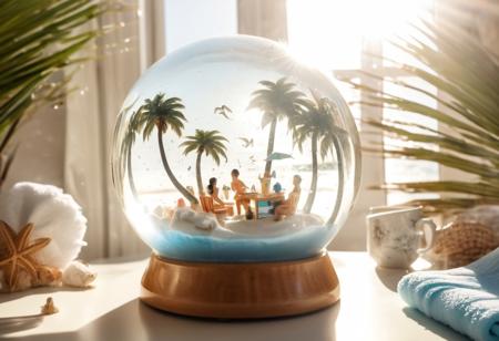 A summer snow globe with a beach, sufers, waves, palm trees, towels, swimmers, seagulls, fish inside a glass globe on a desk, beautiful sunrays sunshine stunning lighting sparkling sun glittering waves