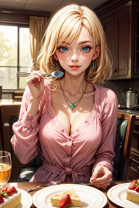 best quality, high detail, (detailed face), detailed eyes, 1girl, food, solo, jewelry, plate, looking at viewer, breasts, blonde hair, cake, necklace, cup, candle, cleavage, holding, sitting, indoors, fruit, fork, spoon, medium breasts, table, drinking glass, collarbone, smile, long sleeves, lips, pov across table, pink shirt, blue eyes, pendant, chair, green eyes, shirt, holding fork, blurry, strawberry <lora:more_details:0.5> <lyco:GPTS4 dreamwave full_478773:0.3> <lyco:GoodHands-beta2:0.8>