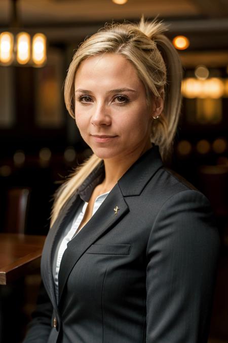 business suit, in a restaurant,  <lora:Sarah_Jane_Honeywell:1> masterpiece,best quality, detailed face, 1girl, solo, sj1873h, blonde_hair, pony tail