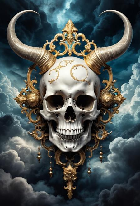 ornamental skull design, surreal symbolism, swirling baroque patterns, expressionist surrealism, intricate bone texture, celestial horns, flowing clouds, gothic fantasy atmosphere, emotional dread, existential symbolism, dark surreal art, chiaroscuro lighting, mythic death iconography, vaporous background, elegant horror, expressive dreamscape, impressionist cloud forms, symbolic decay