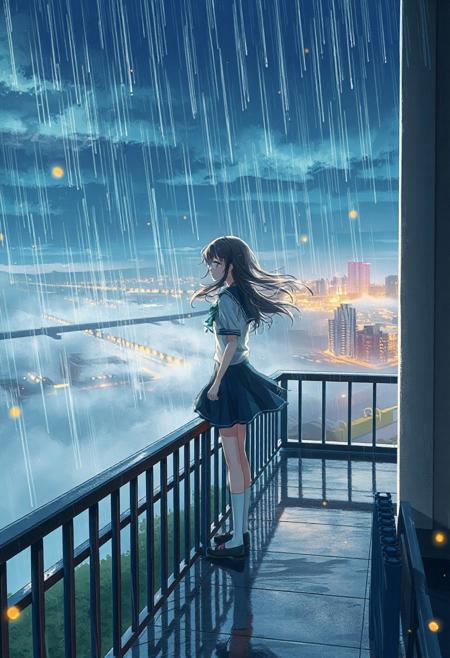 Vertical 9:16 cinematic anime scene, ultra-detailed 4K, in Vertical 9:16 cinematic anime scene, ultra-detailed 4K, in the style of “Weathering with You” key art: a lone girl in a rain-drenched school uniform standing on a rooftop ledge, her hair and skirt fluttering in a gentle breeze; layers of soft, textured clouds receding into depth, distant neon city lights glowing through mist; volumetric sunbeams piercing rain clouds, creating shifting light shafts; drifting golden feenstaub particles sparkling in the air around her, catching every ray of light; parallax-ready composition with foreground railing crisp, midground girl in sharp focus, background city softly blurred; hyper-detailed watercolor cel shading, raindrop gloss on surfaces, subtle bloom and film grain; strong sense of depth and enchanted motion.