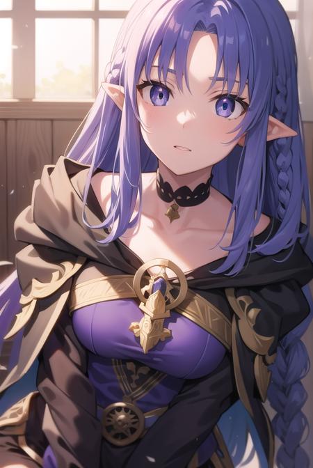 medea, blue hair, long hair, (purple eyes:1.1), purple hair, braid, hair braid, single braid, pointy ears, choker, cloak, hood, jewelry, magic, ring, robe, solo, witch,