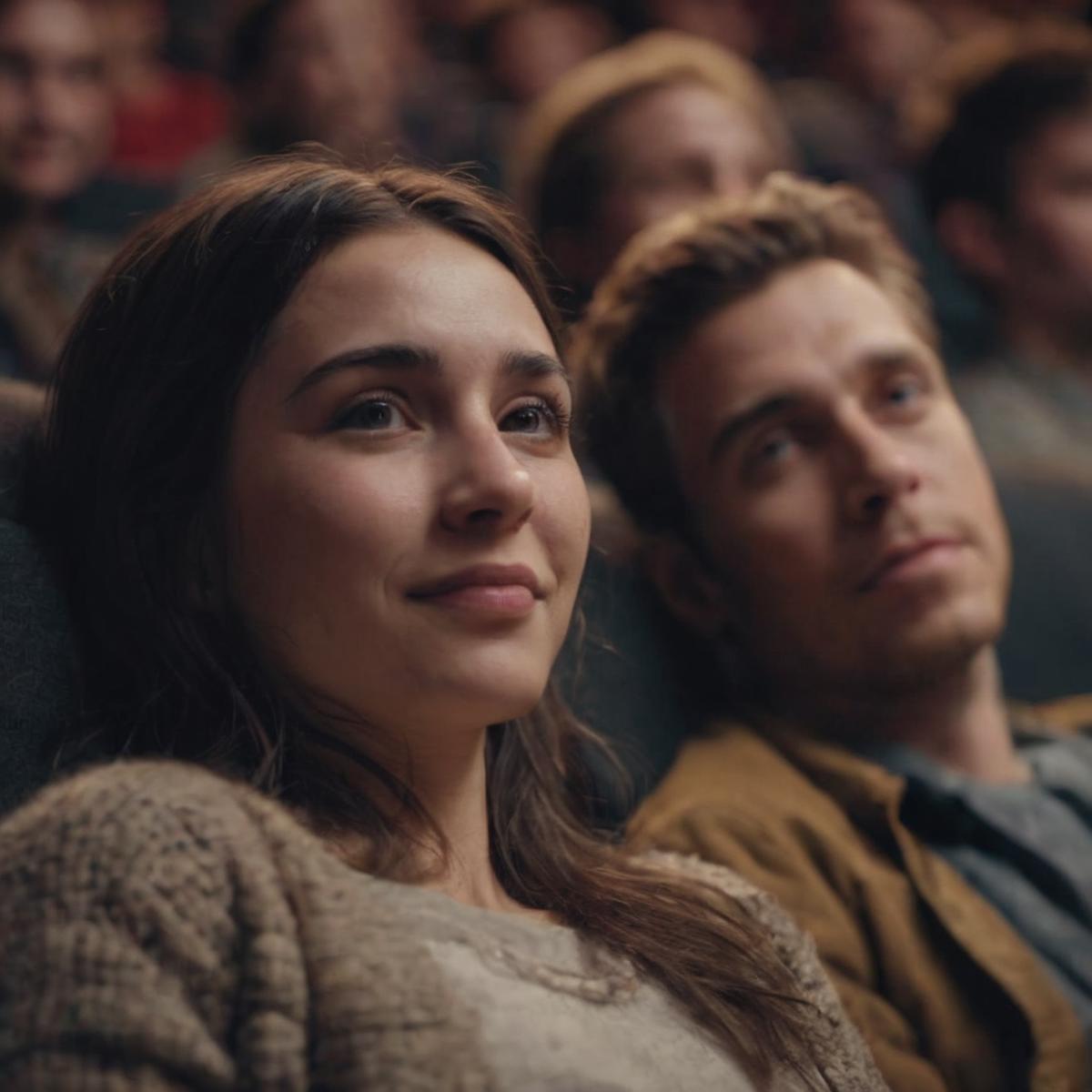A man and a woman sitting together in a movie theater, smiling and enjoying the show.