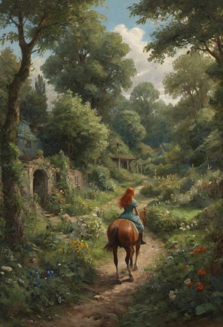 oil painting of a dramatic garden scene with a lush, overgrown landscape. The layout features a dusty path curving through a neglected garden,  plants and flowers spreading out of control. On the path, a young woman with  long red hair and a short green dress, rides on a chestnut horse, Tall trees with thick trunks and dense foliage frame the left side of the image, while the background is filled with more trees and greenery.  on the right side of the path a small dilapidated building, its windows broken and door open. A dark cloud drifts across the blue sky, giving the garden an ominous atmosphere