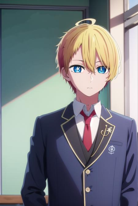 aquamarinehoshino, <lora:aquamarine hoshino s1-lora-nochekaiser:1>,
aquamarine hoshino, blue eyes, blonde hair, hair between eyes, (symbol-shaped pupils:1.5), 1boy, male focus,
BREAK shirt, school uniform, jacket, necktie, blazer, red necktie,
BREAK indoors, classroom,
BREAK looking at viewer, (cowboy shot:1.5),
BREAK <lyco:GoodHands-beta2:1>, (masterpiece:1.2), best quality, high resolution, unity 8k wallpaper, (illustration:0.8), (beautiful detailed eyes:1.6), extremely detailed face, perfect lighting, extremely detailed CG, (perfect hands, perfect anatomy),