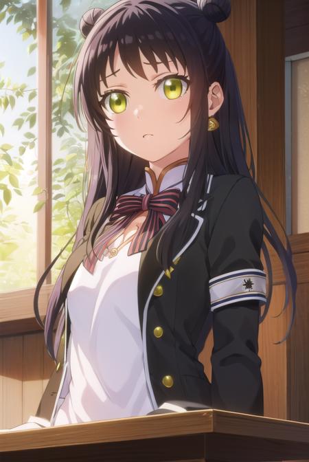 teriawang, <lora:teria wang s1-lora-nochekaiser:1>,
teria wang, long hair, black hair, (green eyes:1.3), hair bun, double bun,
BREAK dress, earrings, chinese clothes, armband, bow, school uniform, jacket, striped, white dress,
BREAK indoors, classroom,
BREAK looking at viewer, (cowboy shot:1.5),
BREAK <lyco:GoodHands-beta2:1>, (masterpiece:1.2), best quality, high resolution, unity 8k wallpaper, (illustration:0.8), (beautiful detailed eyes:1.6), extremely detailed face, perfect lighting, extremely detailed CG, (perfect hands, perfect anatomy),